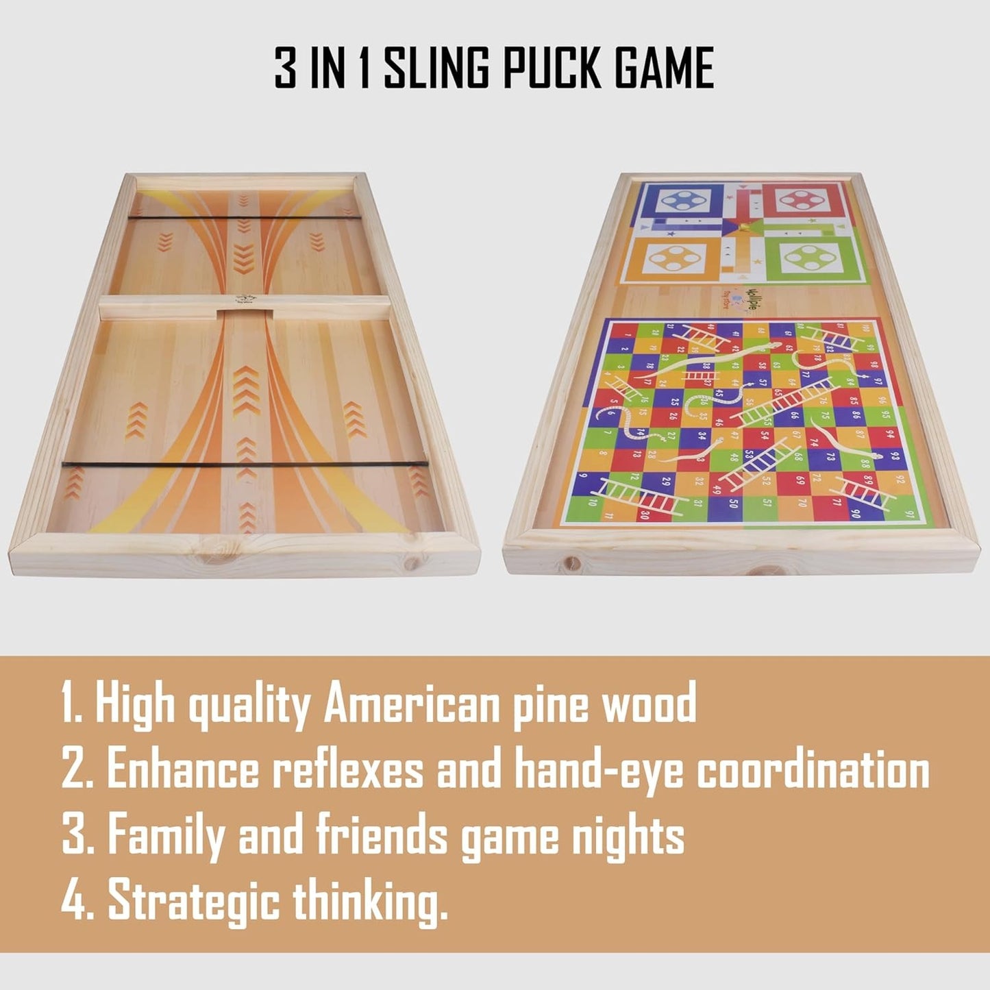 American Pine Wood Three in One SLING PUCK game