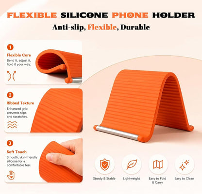 2PCS Flexible Silicone Phone Holder, 2026 New Flexible Silicone Aluminum Phone Holder Stand Folded into Any Shape, Universal Adjustable Anti-Slip Desktop Mount for Home Office Travel (Orange*2)